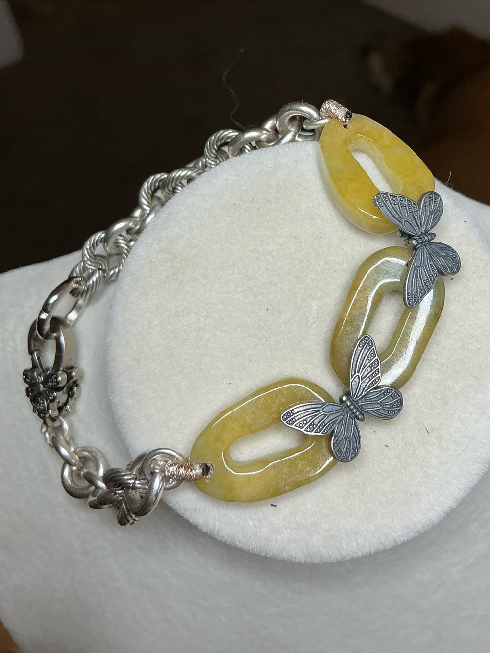 Solid Silver Chain with Yellow Jadeite and Silver Butterflies